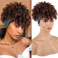 Headband Wigs For Women, Synthetic Short Afro Kinky Curly Wigs Dark Brown Wig With Bangs Wrap Wigs 2 In 1 Turban Wig Drawstring High Puff Wigs Headwrap Wigs With Headband Attached Updo Music Festival