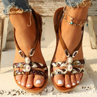 Chic Womens Ethnic Style Braided Sandals - Fashionable Slip-On Design for Outdoor Comfort - Handcrafted Flat Sandals with Cushioned Ease