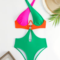 Colorblock Halter Neck One Piece Swimsuit, Cut Out Backless High Cut Bathing Suit, Women's Swimwear & Clothing