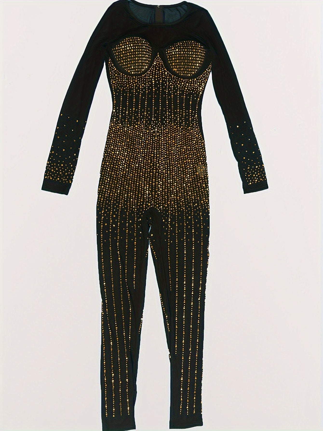 [Elegant Jumpsuit] Elegant Rhinestone-Embellished Women's Long Sleeve Mesh Jumpsuit | High Elasticity Form-Fitting Semi-Sheer Evening Gown for Galas, Weddings & Year-Round Wear, Party Dresses, Galaxy Event Attire, Sleek Silho
