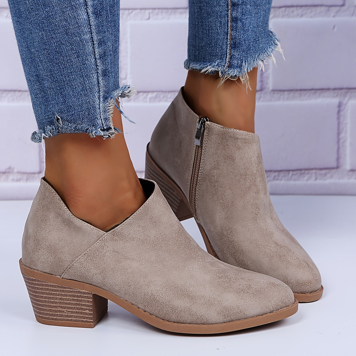 Ankle Stacked Heel Women's Short Boots with V Cut Side Zipper and Non Slip Sole