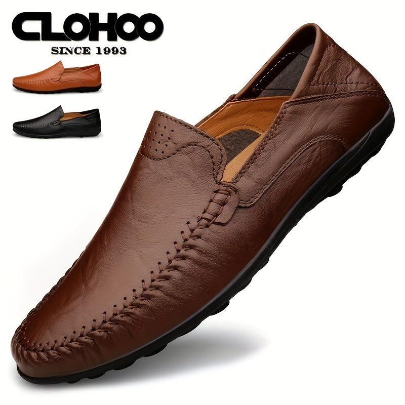 [CLOHOO, Leather Business Shoes] CLOHOO Men's Slip-On Business Casual Shoes | Breathable Second-Layer Leather Upper, Comfortable PU Lining & Rubber Sole, All-Season Versatile for Office, Travel & Vacation - Black, Refined App