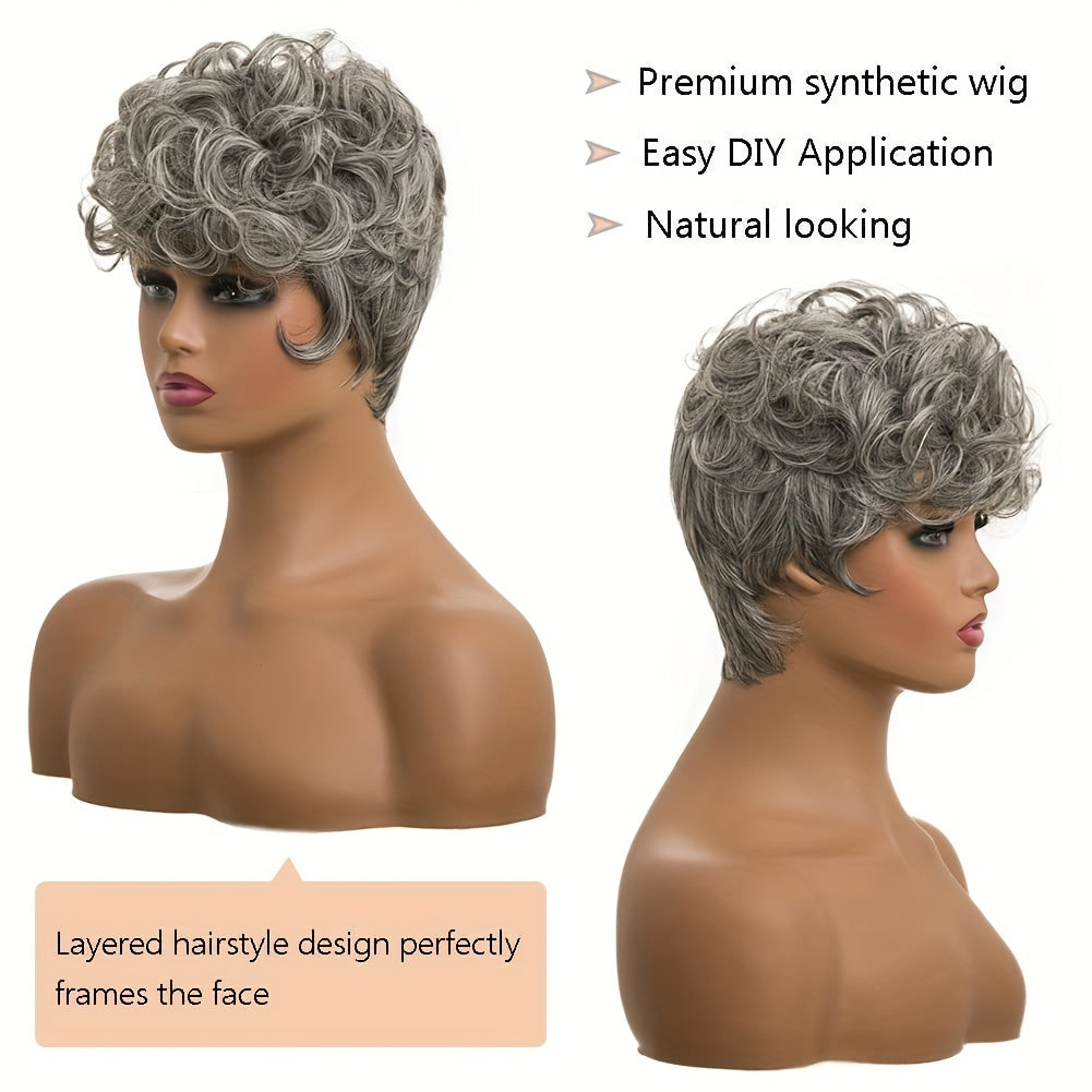 Flattering Pixie Cut Wig - Chic Bangs & Luxurious Curly Texture - Daring Black-Silver Blend Short Synthetic Wig with Dramatic Deep Wave - Effortlessly Layered Style for Women
