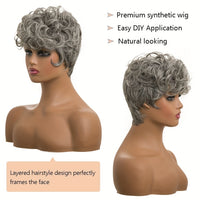 Flattering Pixie Cut Wig - Chic Bangs & Luxurious Curly Texture - Daring Black-Silver Blend Short Synthetic Wig with Dramatic Deep Wave - Effortlessly Layered Style for Women