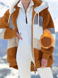 Plus Size Casual Coat, Women's Plus Colorblock Teddy Fleece Hooded Drawstring Zipper Long Sleeve Loose Fit Coat With Pockets