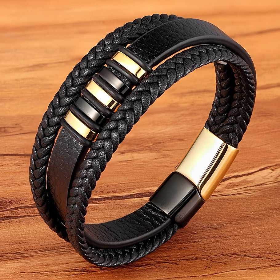 Men's Magnetic Clasp Faux Leather Woven Multilayer Bracelet - Golden-Tone Accents, Minimalist Modern Design for Casual & Formal Wear
