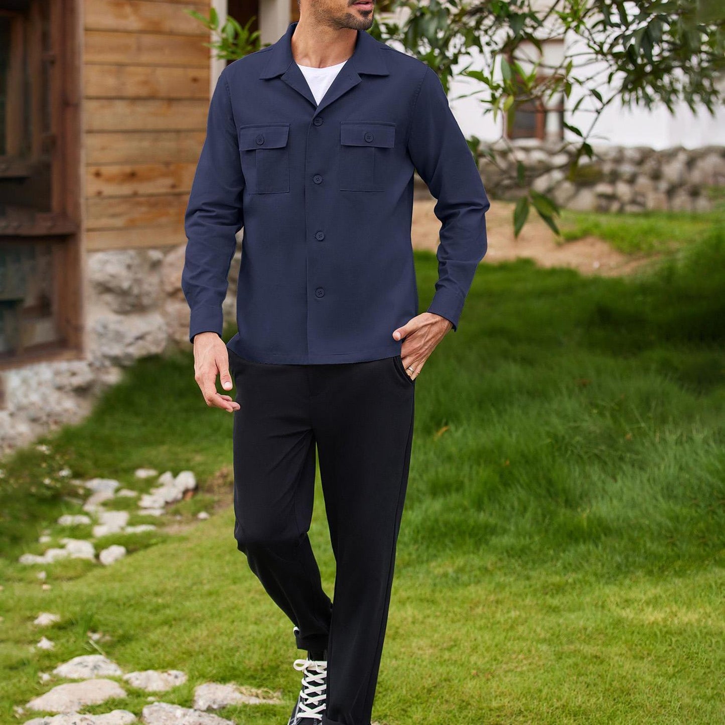 Men's Casual Shirt Jacket Linen Shacket Lightweight Work Coat Button Down Overshirt