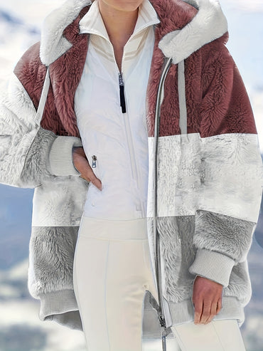 Plus Size Colorblock Fuzzy Hoodie Drawstring Zip Up Coat, Women's Plus Pocket Casual Overcoat