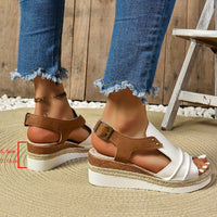 Women's Comfy Mid-Heel Wedge Sandals - Open-Toe, Buckle Ankle Strap, Chic Geometric Colorblock for Summer Elegance