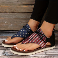 [Vintage Gladiator Sandals] Vintage Style Gladiator Sandals - Striped Independence Day Flat Heel with Zip Closure, Split Toe Design, EVA Sole, Faux Cover Insole & Lining