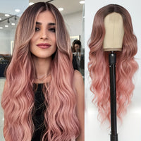 4*1 U-Part Lace Front Long Wigs For Women Middle Part Wavy Curly Wig With Dark Roots Synthetic Heat Resistant Fiber Wig For Daily Party Use (Brown With Blonde)