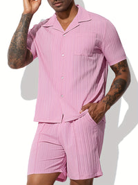 Men's Casual Shirt Set, Men's Casual Striped Shirt and Drawstring Striped Shorts Set, Men's Suit Collar Shirt Suit. Men's Summer Vacation, Everyday Wear Shirt Suit