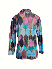 Full-Zip Jacket - Multicolor Geometric Zipper Front, Turquoise/Pink/Black/Golden/Beige/Brown, High-Stretch Casual Blazer, Machine Washable All-Season Outerwear for Smart-Casual & Formal Events (Full-Zip Closure)