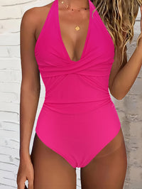 V Neck Halter Tie Neck One Piece Bathing Suit, Backless High Strech Plain Or Printed Swimsuit, Women's Swimwear & Clothing