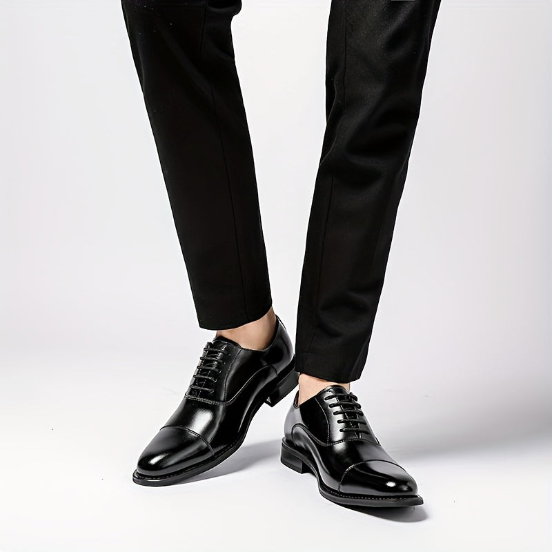 [Trendy Cow Leather Oxford Shoes] Men's Trendy Split Cow Leather Upper Cap Toe Oxford Shoes, Comfy Non Slip Casual Rubber Sole Formal Shoes, Men's Footwear