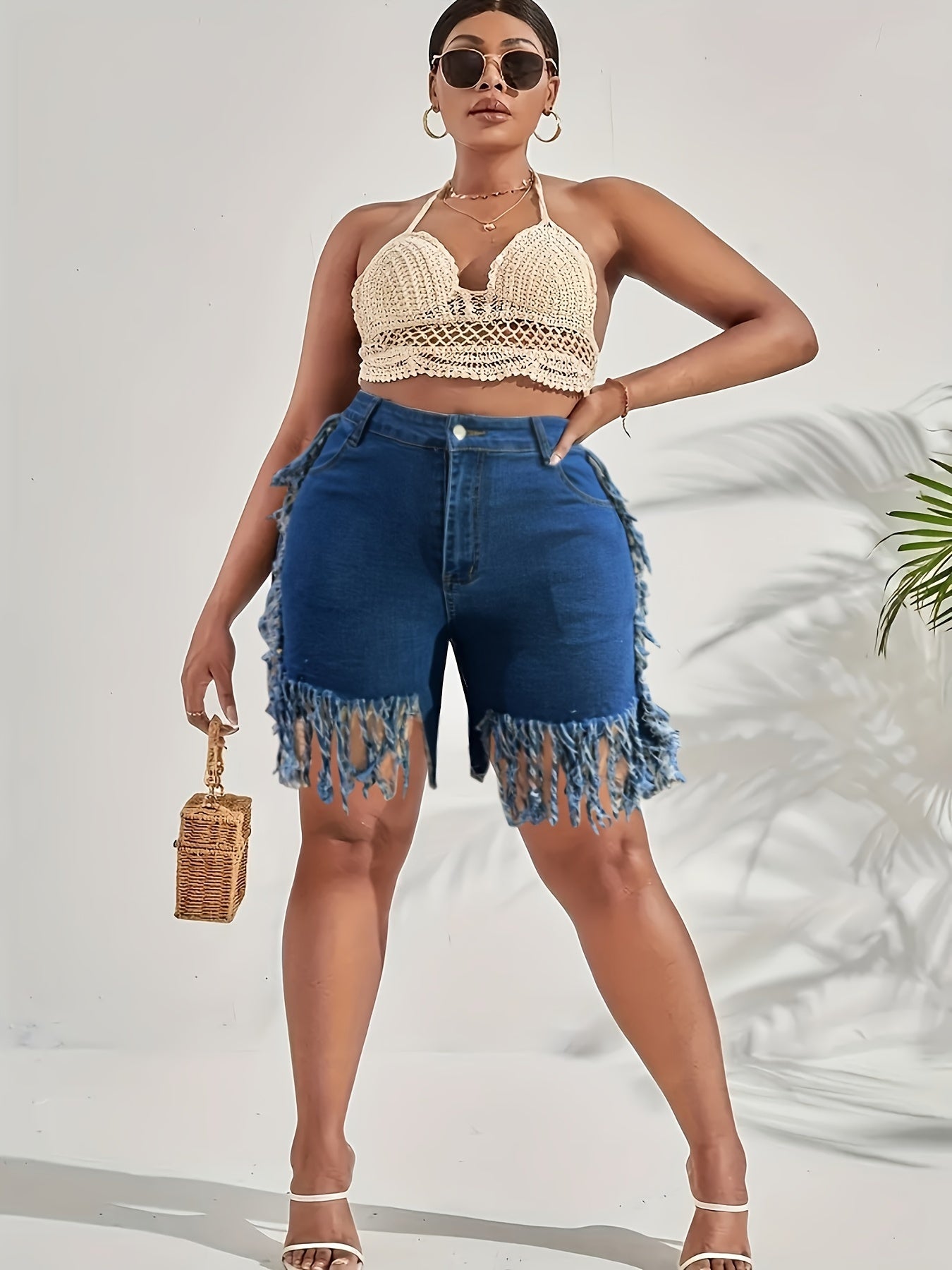 Plus Size Bohemian Chic Stretchy Denim Shorts - Ultra-Stretchy Fabric, Adjustable Elastic Waistband, Trendy Fringe Hem Detail - Designed for Curvy Women, Perfect for Summer Fashion, High-Quality Denim Material