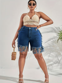 Plus Size Bohemian Chic Stretchy Denim Shorts - Ultra-Stretchy Fabric, Adjustable Elastic Waistband, Trendy Fringe Hem Detail - Designed for Curvy Women, Perfect for Summer Fashion, High-Quality Denim Material