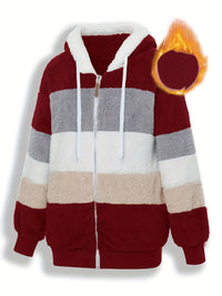 Plus Size Casual Coat, Women's Plus Colorblock Teddy Fleece Hooded Drawstring Zipper Long Sleeve Loose Fit Coat With Pockets