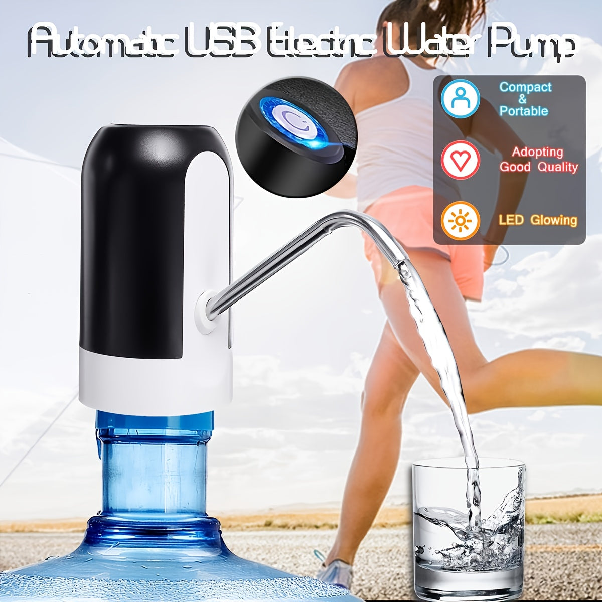 [Sanhao Electric Pump] Sanhao 1pc Electric Water Jug Pump - USB Rechargeable Automatic Drinking Water Dispenser for 3-5 Gallon Bottles - Portable Insert Mount with Built-in Lithium Battery for Camping, Sleek Design, Transpare