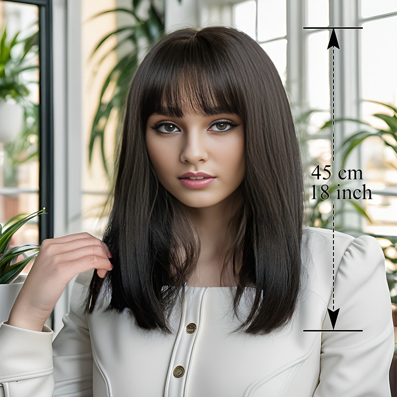 Natural Black Straight Synthetic Wig For Women With Bangs 18inch Cosplay Halloween Party Heat Resistant