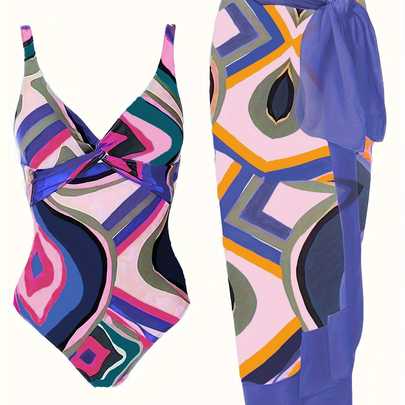 Plus Size Elegant Tankini Set, Women's Plus Geo Print Twist Front One Piece Swimsuit & Knot Side Cover Up Skirt Bathing Suit 2 Piece Set