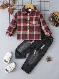 Boy's Casual Plaid Button-Up Shirt & Ripped Imitation Denim Pants Set - Cozy Polyester, Non-Transparent, Perfect for Fall/Winter, Perfect for Outdoor