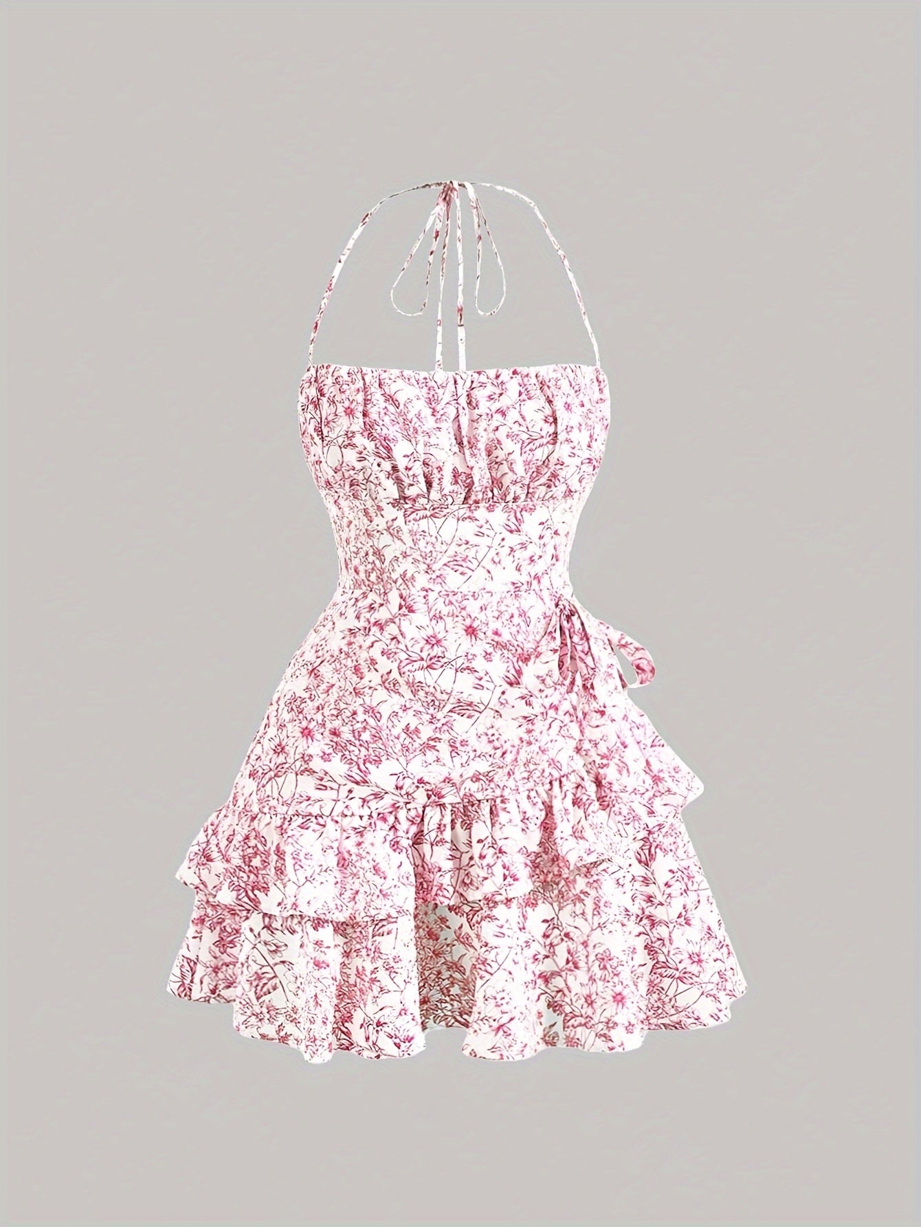 Floral Print Layered Ruffle Hem Halter Dress - Elegant Sleeveless Dress For Spring & Summer - Women's Clothing - For Women - Perfect for Parties & Casual Occasions - Ideal Gift for Her