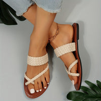 Women's Flat Slide Sandals, Toe Loop Braided Band Slip On Shoes, Casual Beach Slides