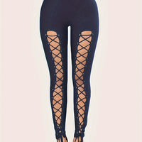 [Solid Color Cropped Leggings] High-Waist Leggings - Sexy Cross-Strap, Stretch Polyester Blend, Eyelet Detail, Solid Color Cropped Pants for Women - Perfect for Fall/Spring