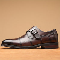 Men's Solid Color Top Grain Cow Leather Upper Monk Shoes, Comfy Non Slip Rubber Sole Durable Dress Shoes, Men's Footwear