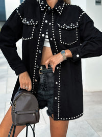 Stylish Studded Belted Denim Coat, Spring/Fall Fashion Chic Lapel Jacket, Women's Easy-Care Streetwear