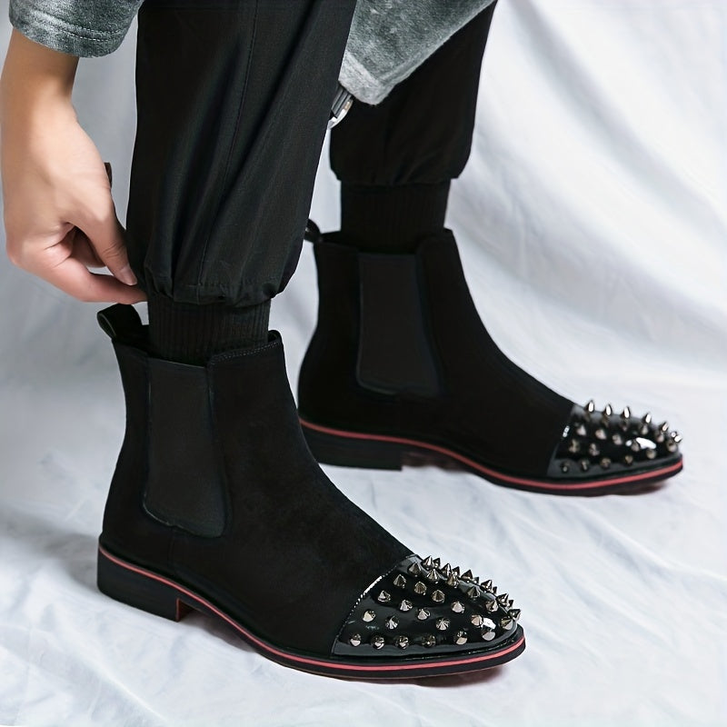 Men's Rivet Faux Leather Slip-On Chelsea Boots, Fashion Faux Leather Round Toe Ankle Boots, Men's Footwear