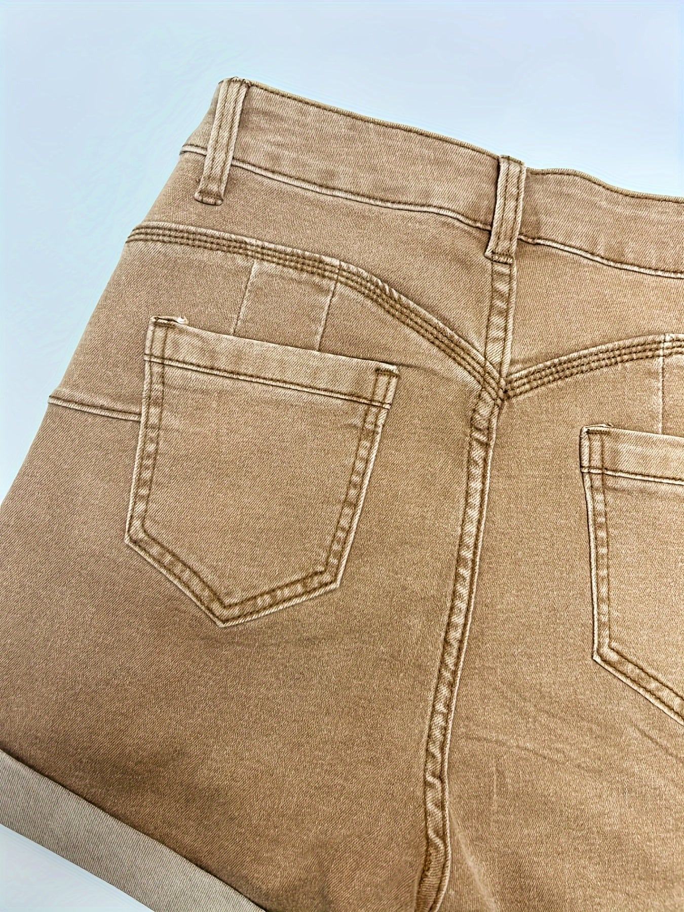 Stretchy High-Rise Denim Shorts for Women - Casual Geometric-Pattern with Roll-Up Hem, Easy Care & Summer-Ready