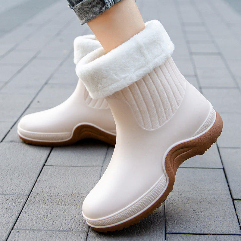 Women's Waterproof Mid Calf Boots, Fleece Liner Round Toe Platform Rain Boots, Women's Warm Plus Fashion Boots