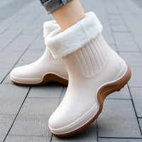 Women's Waterproof Mid Calf Boots, Fleece Liner Round Toe Platform Rain Boots, Women's Warm Plus Fashion Boots