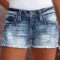 Embroidered Pockets Washed Denim Shorts, Raw Hem Slash Pockets Short Denim Pants, Women's Denim Jeans & Clothing