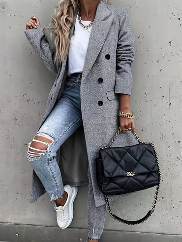 Double Breasted Simple Trench Coat, Casual Long Sleeve Outerwear, Women's Clothing