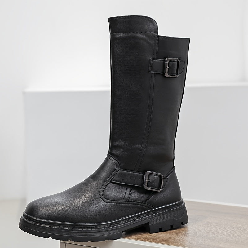 Men's Solid Color High Top Knee High Top Microfiber Upper Boots, Comfy Non Slip Durable Rubber Sole Shoes, Men's Footwear