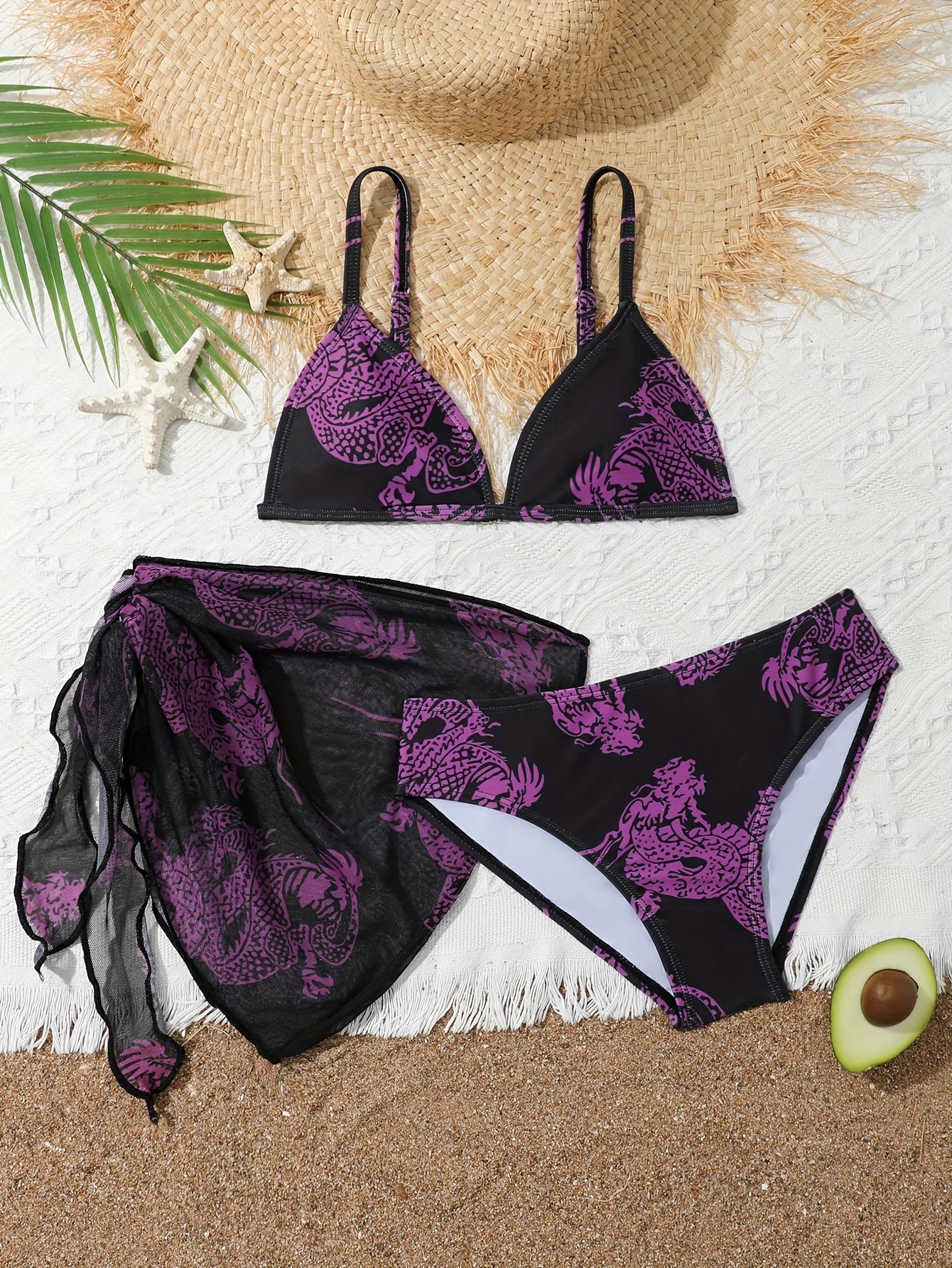 Trendy & Elegant Girls 3pcs Bikini Swimwear Set Comfy Bathing Suit Summer Clothes Beach