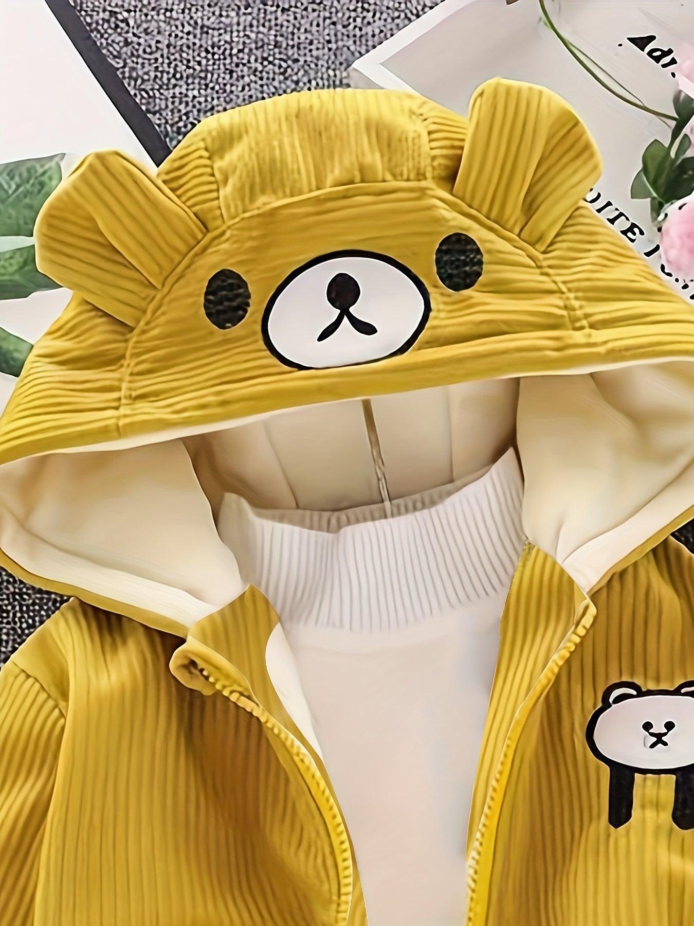 New Children's Warm Winter Thick Coat Cute Bear Shape Baby Corduroy Hooded Zip UpJacket