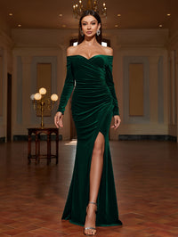 Stunning Off-Shoulder Ruched Bodycon Dress - Elegant Long Sleeve Party Dresses for Women - Split Thigh, Flattering Fit, and Chic Design for Banquet and Special Occasions