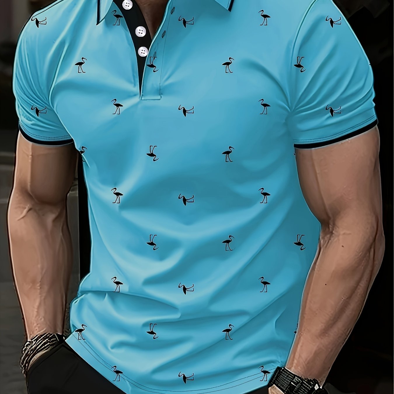 Men's Casual Shirt with Striped Collar & Golf Silhouette Pattern - Vibrant Blue, Breathable Fabric, Machine Washable, Regular Fit for Golf & Leisure Wear, Golf Shirt, Active Lifestyle Apparel, Colorful Casualwear, Durable Cas