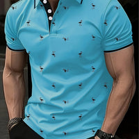 Men's Casual Shirt with Striped Collar & Golf Silhouette Pattern - Vibrant Blue, Breathable Fabric, Machine Washable, Regular Fit for Golf & Leisure Wear, Golf Shirt, Active Lifestyle Apparel, Colorful Casualwear, Durable Cas
