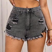 Ripped Raw Hem Denim Shorts, Distressed Washed Grey Denim Shorts, Women's Denim Jeans & Clothing