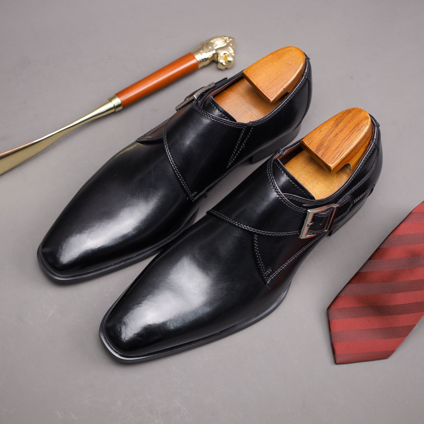 Men's Second Layer Cowhide Upper Solid Color Monk Shoes, Comfy Non Slip Rubber Sole Durable Dress Shoes, Men's Footwear