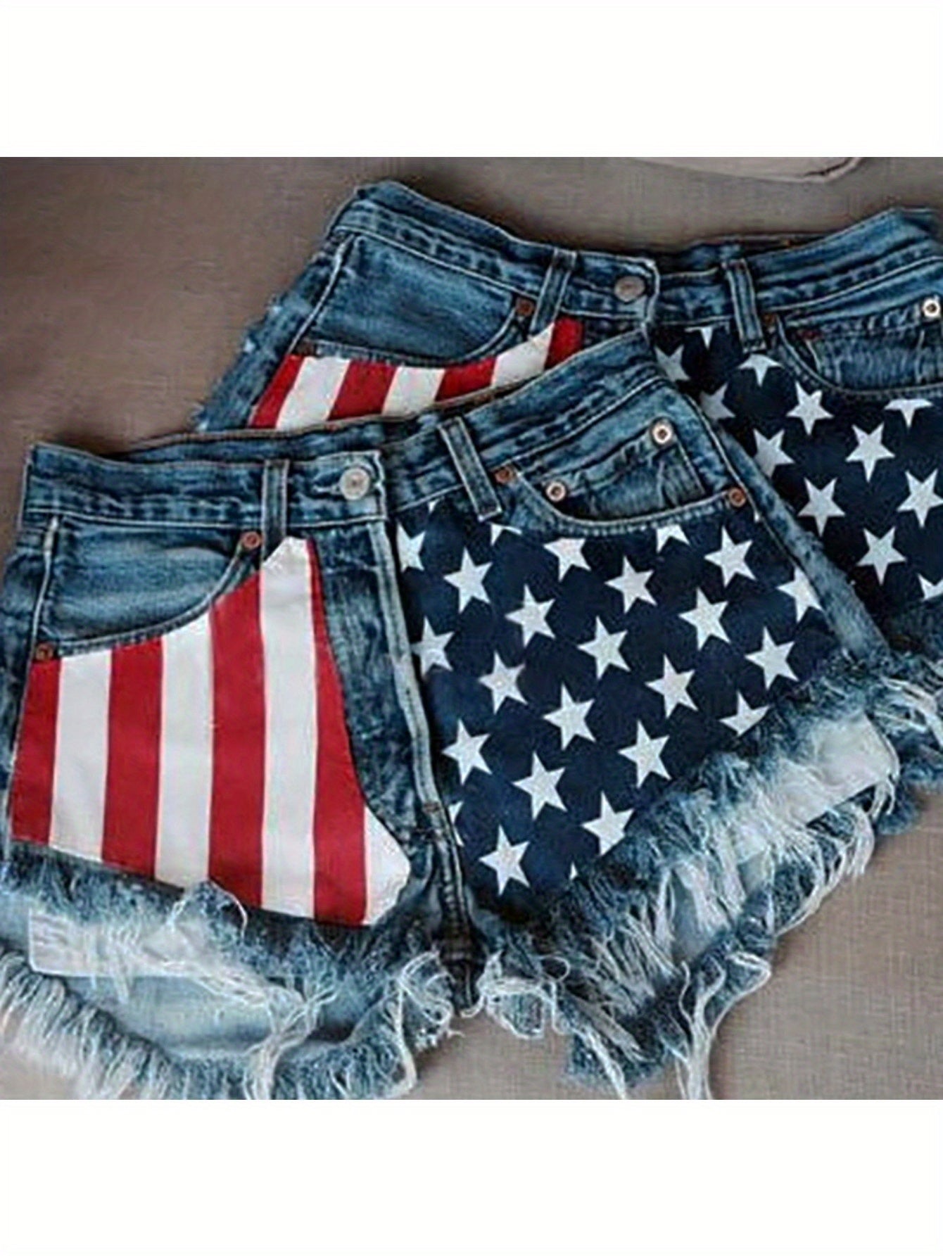 Women's Vintage American Flag Distressed Denim Shorts - High Waisted Summer Jean Shorts with Star Embroidery & Tassel Details, Retro Streetwear Fashion, Machine Washable, High Waisted Shorts, Poolside Attire