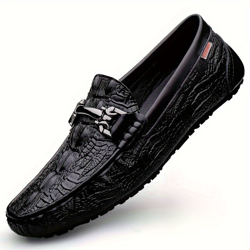 Men's Solid Color Lightweight Slip On Split Cow Leather Upper Loafer Shoes, Comfy Non Slip Casual Rubber Sole Dress Shoes, Men's Footwear
