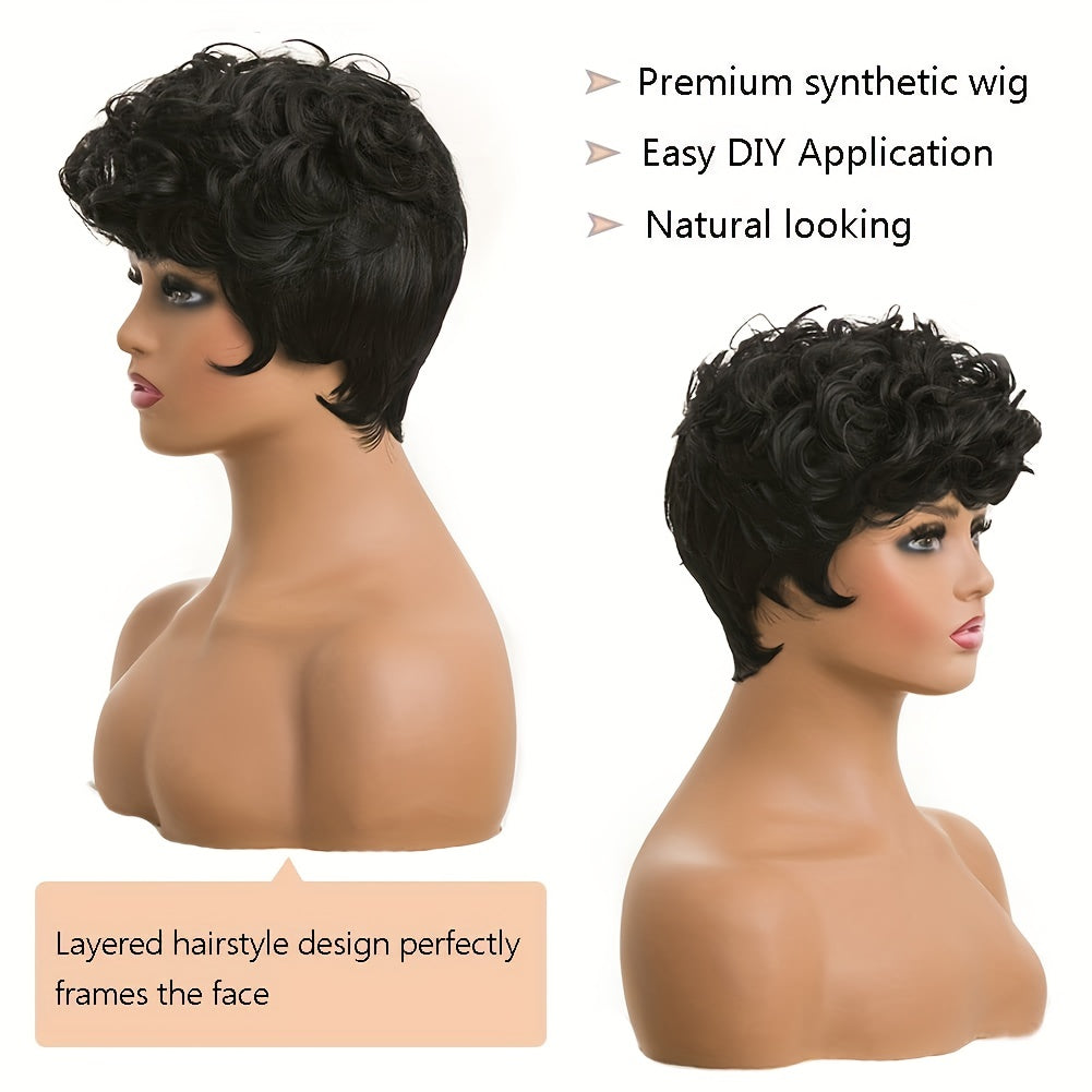 Flattering Pixie Cut Wig - Chic Bangs & Luxurious Curly Texture - Daring Black-Silver Blend Short Synthetic Wig with Dramatic Deep Wave - Effortlessly Layered Style for Women