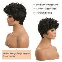 Flattering Pixie Cut Wig - Chic Bangs & Luxurious Curly Texture - Daring Black-Silver Blend Short Synthetic Wig with Dramatic Deep Wave - Effortlessly Layered Style for Women