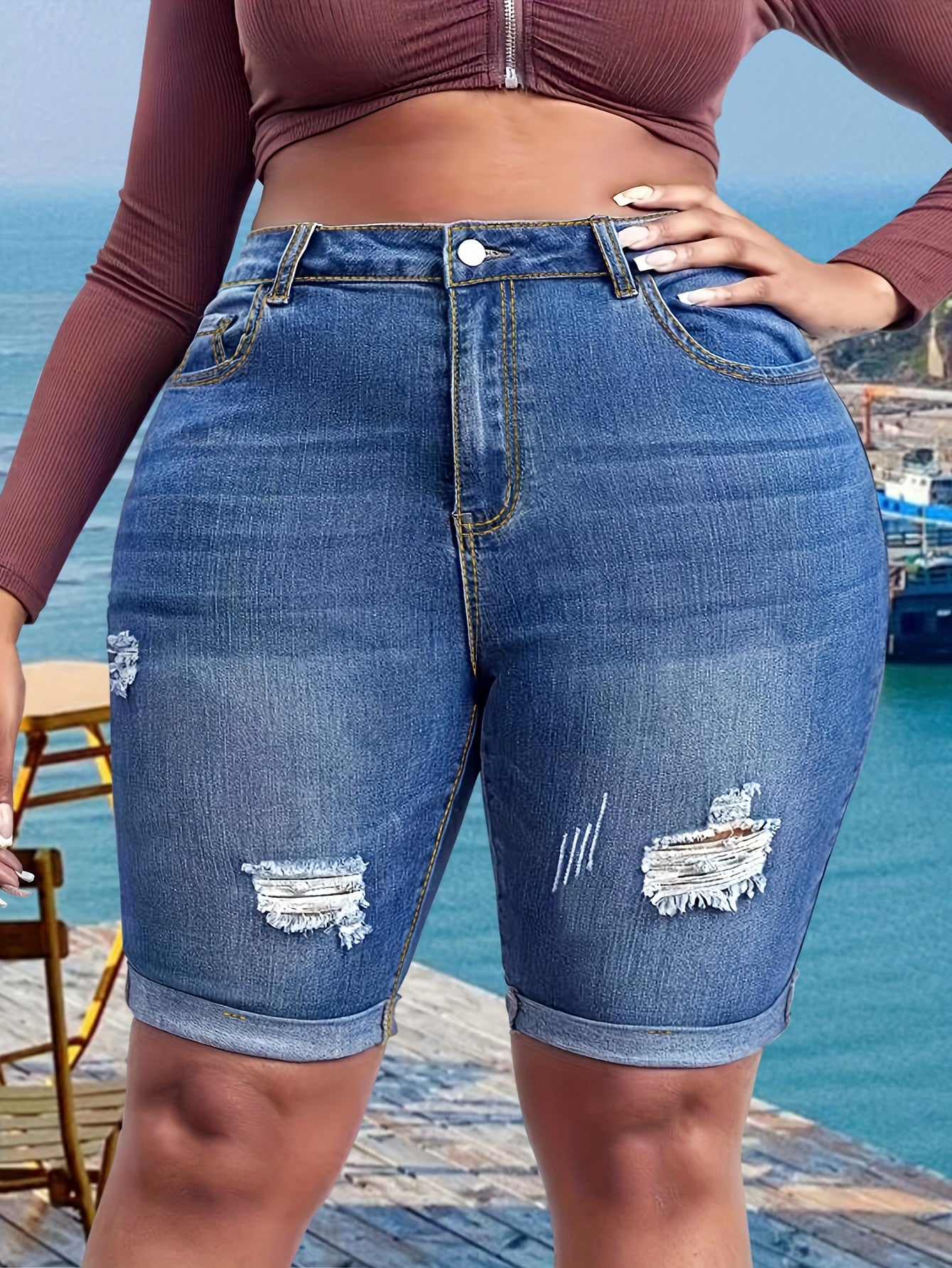 Plus Size Womens High Rise Skinny Stretchy Denim Shorts - Ripped, Roll Up Hem, Zipper Fly, Solid Color, All-Season Casual Wear - Soft, Comfortable, and Versatile Jorts for Oversized Ladies